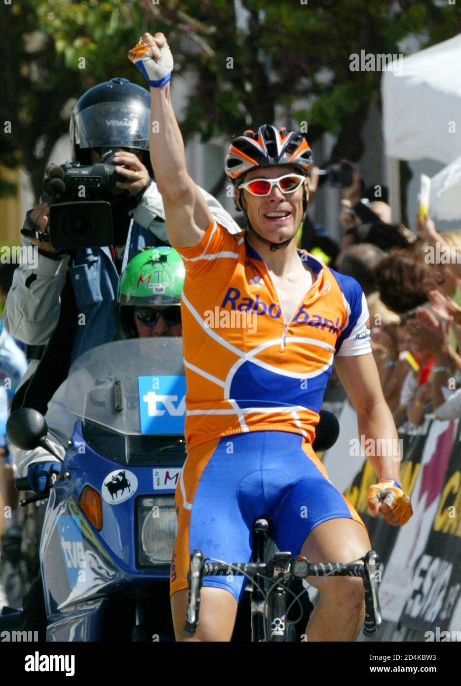 Rabobank's cyclist Pedro Horrillo of Spain celebrates after crossing the  finish line to win the the third stage at the Tour of Catalonia in Spain.  Rabobank's Spanish cyclist Pedro Horrillo celebrates after