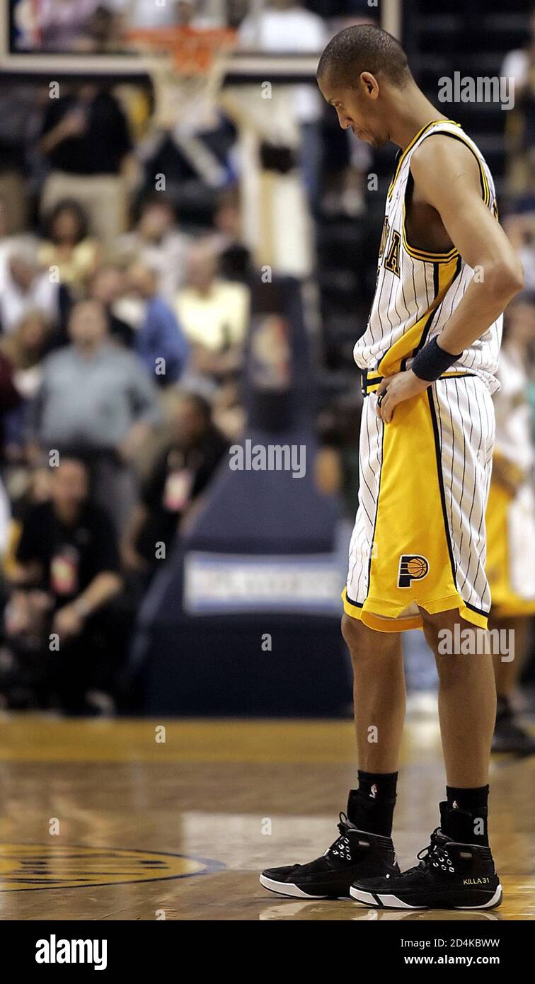 Indiana Pacers guard Reggie Miller pauses during Game Six of the Eastern  Conference semi-finals against the Detroit Pistons in Indianapolis, Indiana  May 19, 2005. The Pistons defeated the Pacers 88-79 to advance