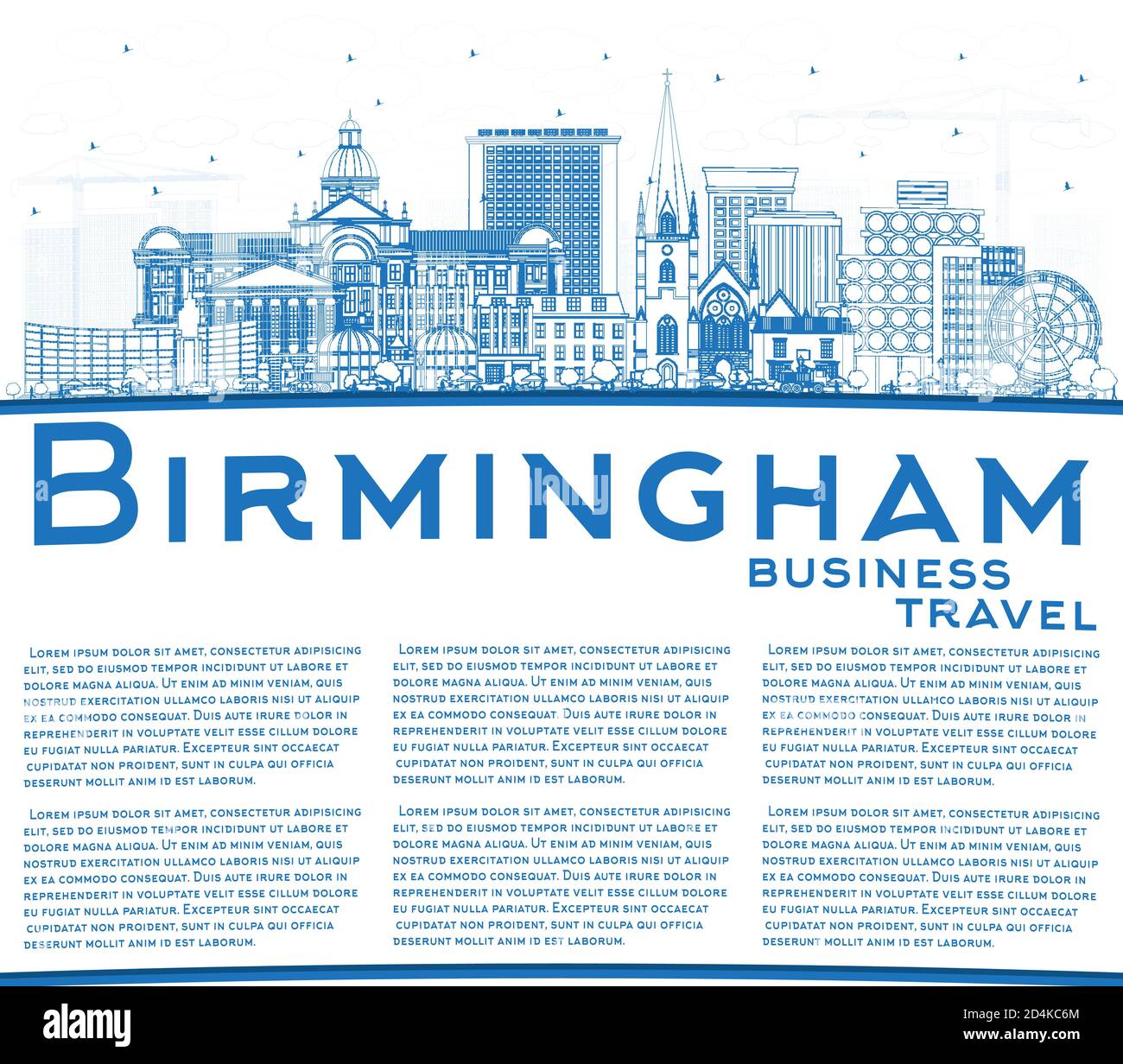 Outline Birmingham UK City Skyline with Blue Buildings and Copy Space. Vector Illustration. Birmingham Cityscape with Landmarks. Business Travel. Stock Vector