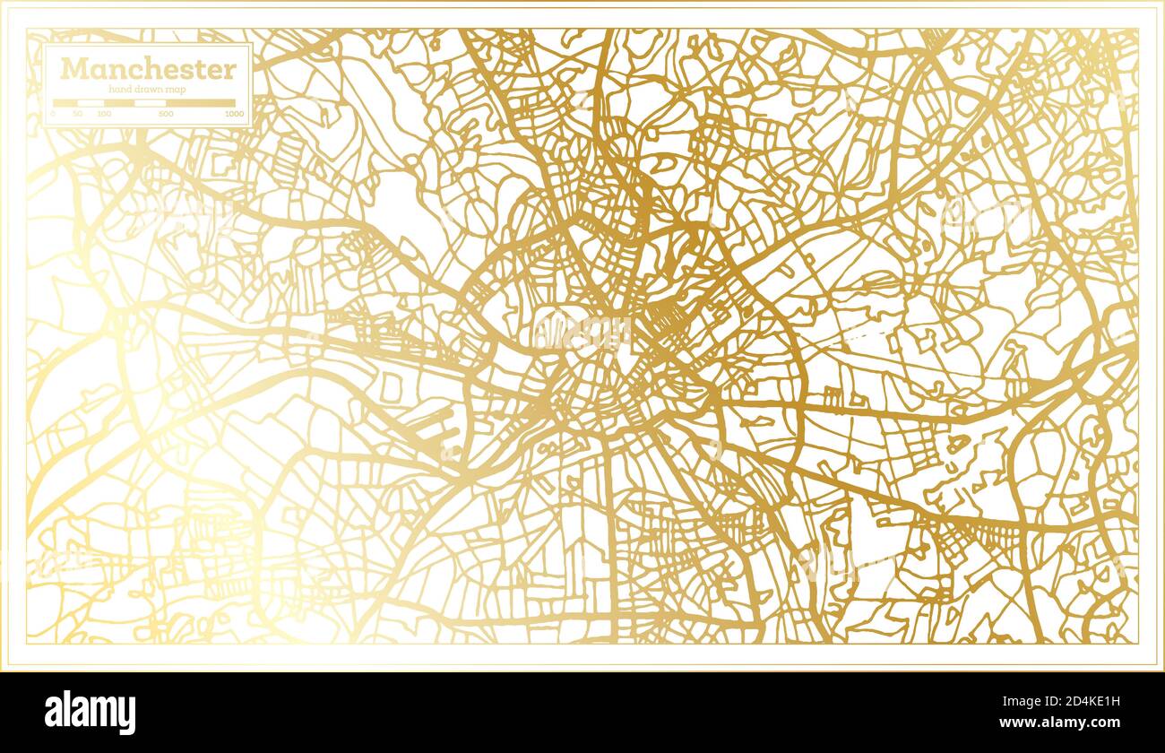 Manchester England City Map in Retro Style in Golden Color. Outline Map. Vector Illustration. Stock Vector