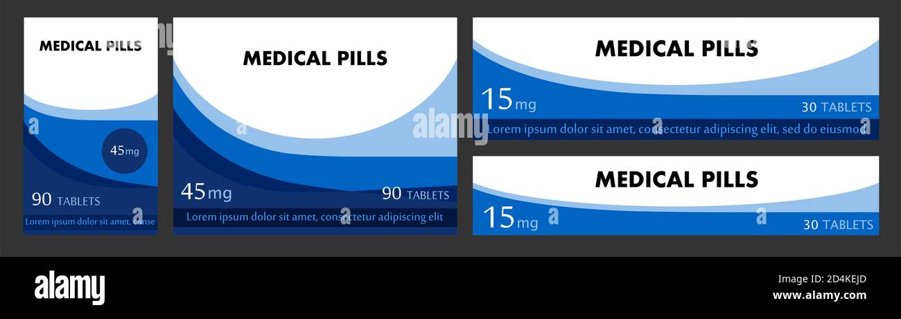 Concept of label pack for medicinal tablets. Design boxes for packaging medical products. For tablets, capsules. Set of stickers for cardboard boxes, Stock Photo