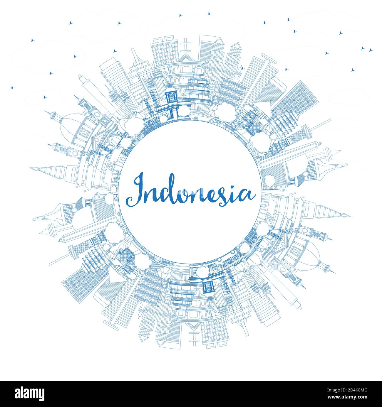 Outline Indonesia Cities Skyline with Blue Buildings and Copy Space. Vector Illustration. Tourism Concept with Historic Architecture. Stock Vector