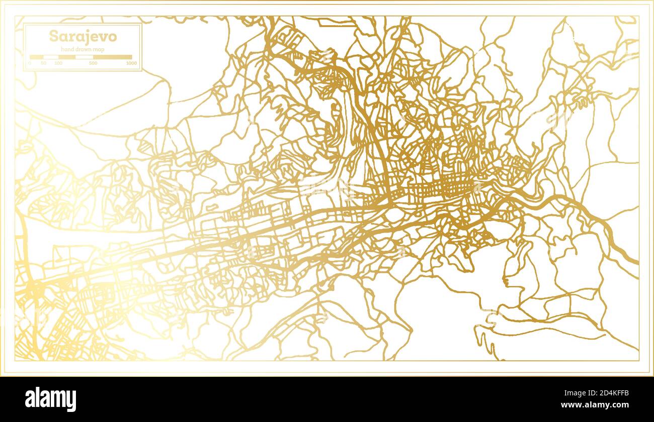 Sarajevo Bosnia and Herzegovina City Map in Retro Style in Golden Color. Outline Map. Vector Illustration. Stock Vector