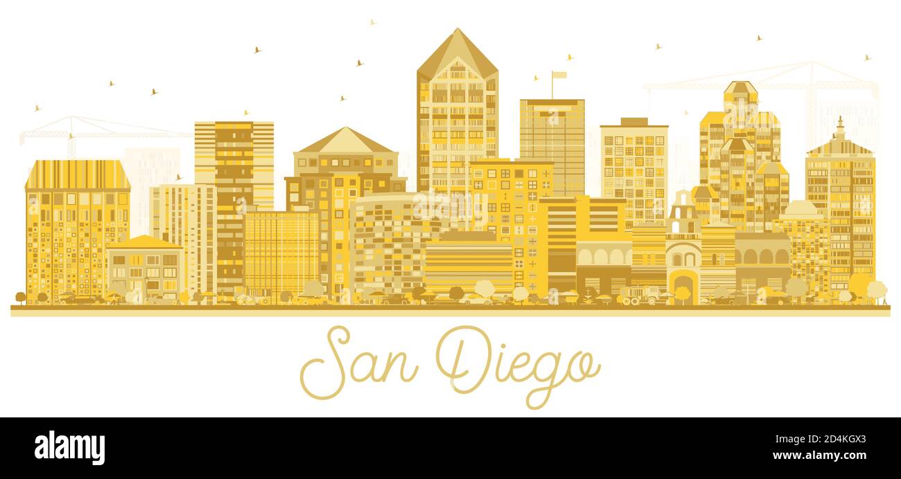 San Diego California USA City Skyline Silhouette with Golden Buildings Isolated on White. Vector Illustration. Stock Vector
