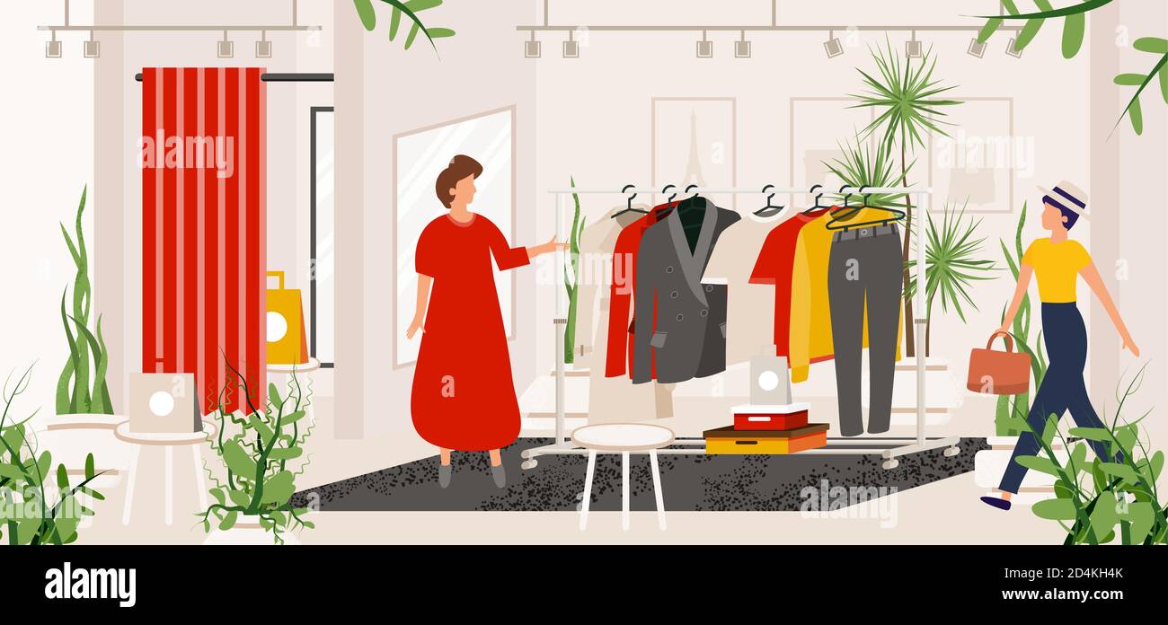 Fashion Clothes Store. Vector Illustration. Boutique or Shop with Woman's Cloth. Modern Interior. Seller in Red Dress Invites the Buyer to Try Stock Vector