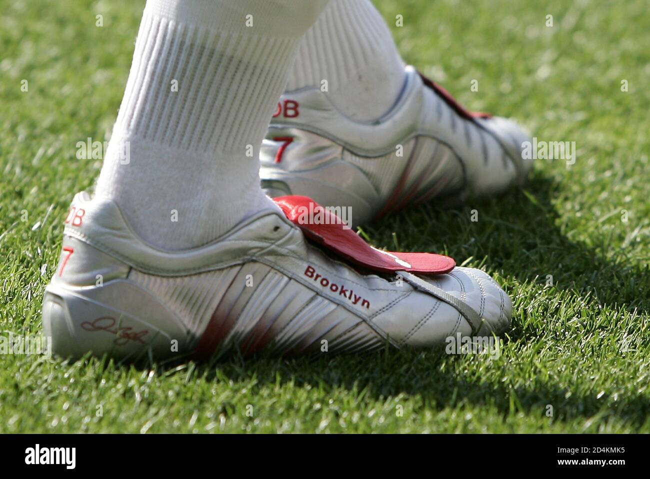 England's David Beckham's boot displays the name of his son Brooklyn during  their Group B Euro 2004 soccer match against [Switzerland] at the Cidade de  Coimbra Stadium in Coimbra, June 17, 2004