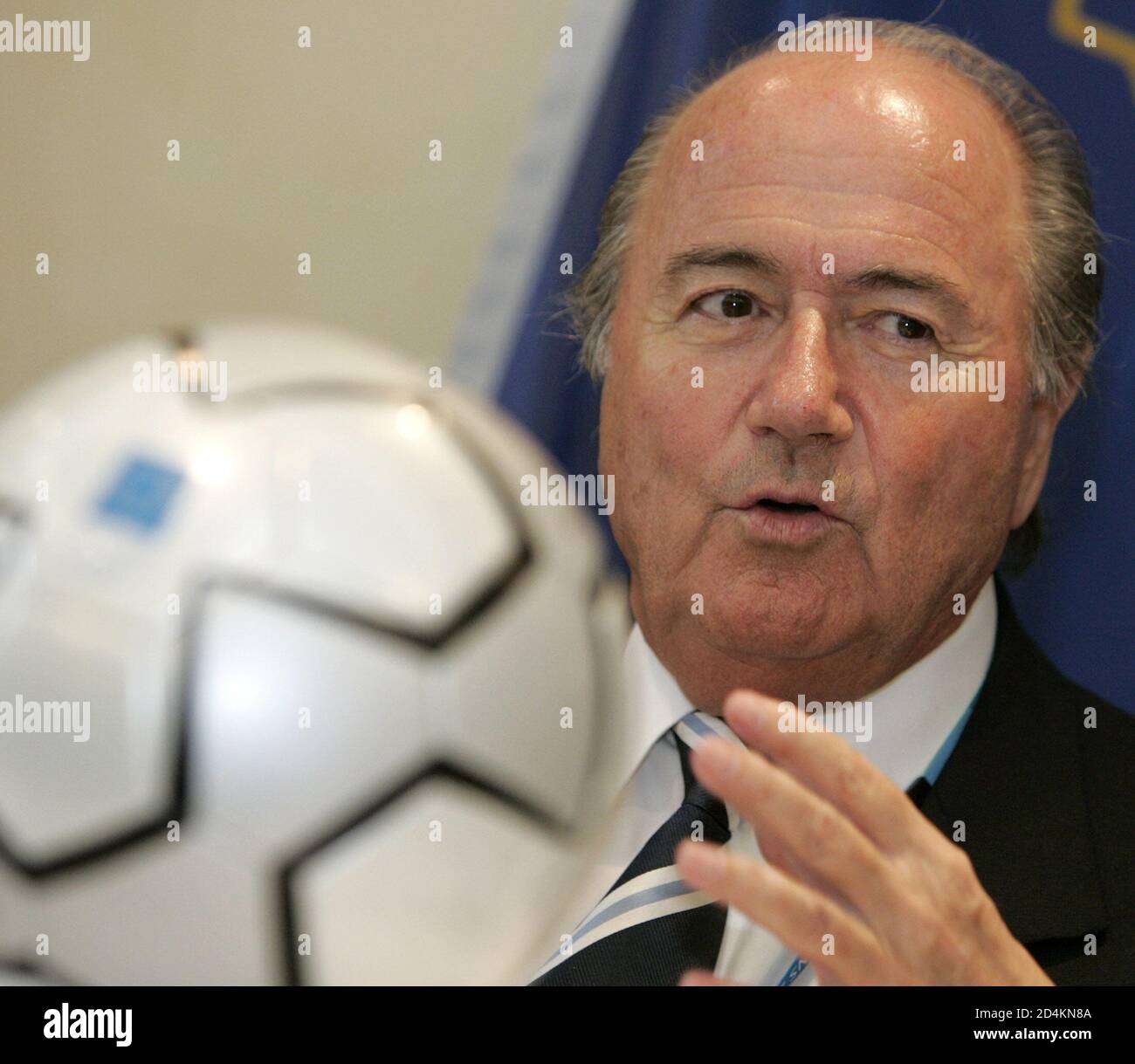 FIFA president Joseph Blatter gestures during a press conference in Athens, August 9, 2004. REUTERS/Ruben Sprich  RS/ Stock Photo