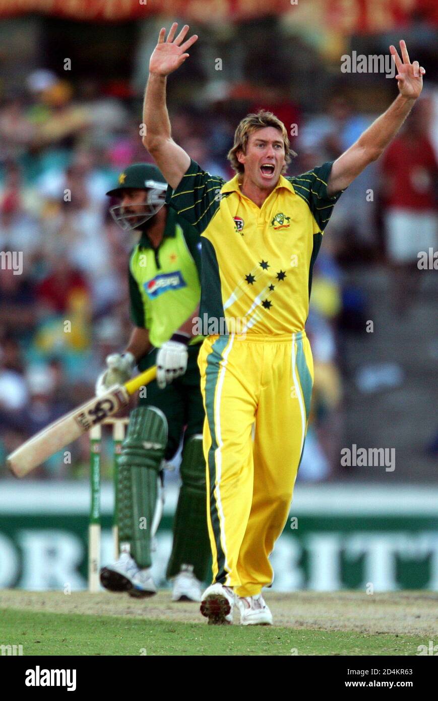 Australia's Glenn McGrath appeals successfully for the wicket of Pakistan's Inzamam-ul-haq lbw for a duck during the second final of the tri-nations one-day series in Sydney. Australia's Glenn McGrath (R) appeals successfully Australia's Glenn McGrath appeals successfully for the wicket of Pakistan's Inzamam-ul-haq lbw for a duck during the second final of the tri-nations one-day series in Sydney. Australia's Glenn McGrath (R) appeals successfully