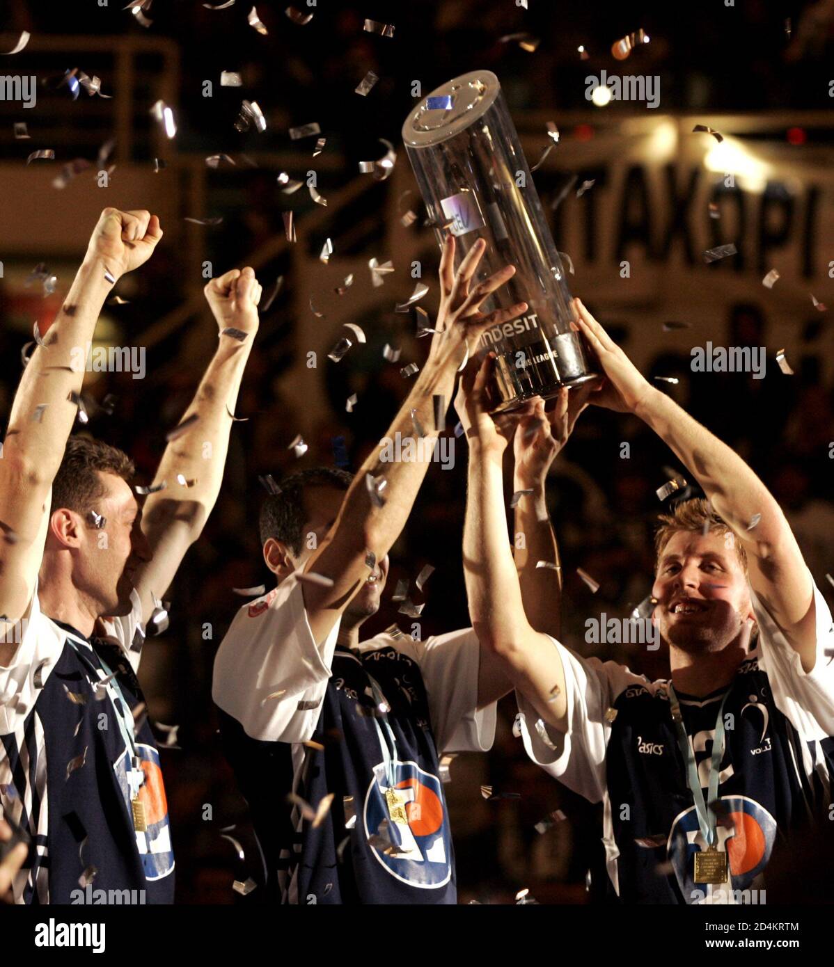 France's Tours players rise European Cup after their victory in the final  Men's European Champions League Volleyball match against Greece's Iraklis  Thessaloniki in Thessaloniki. France's Tours players rise the European Cup  after