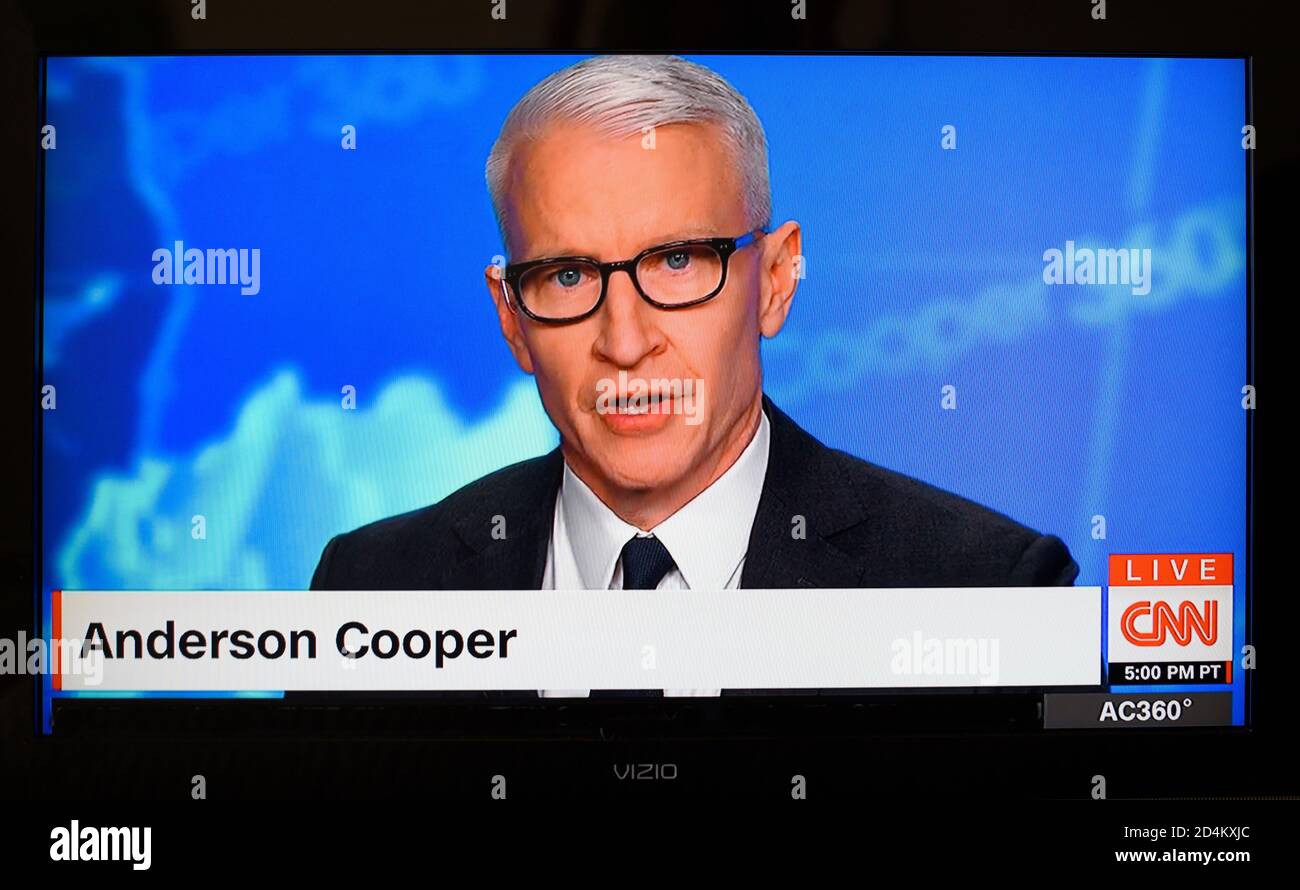 A CNN television screen shot of a broadcast by CNN anchor and program host Anderson Cooper. Stock Photo
