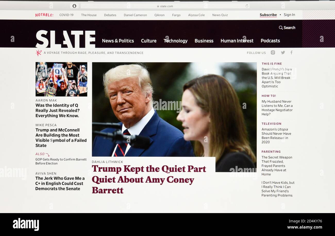 A computer screen shot of the homepage of the online magazine Slate. Stock Photo