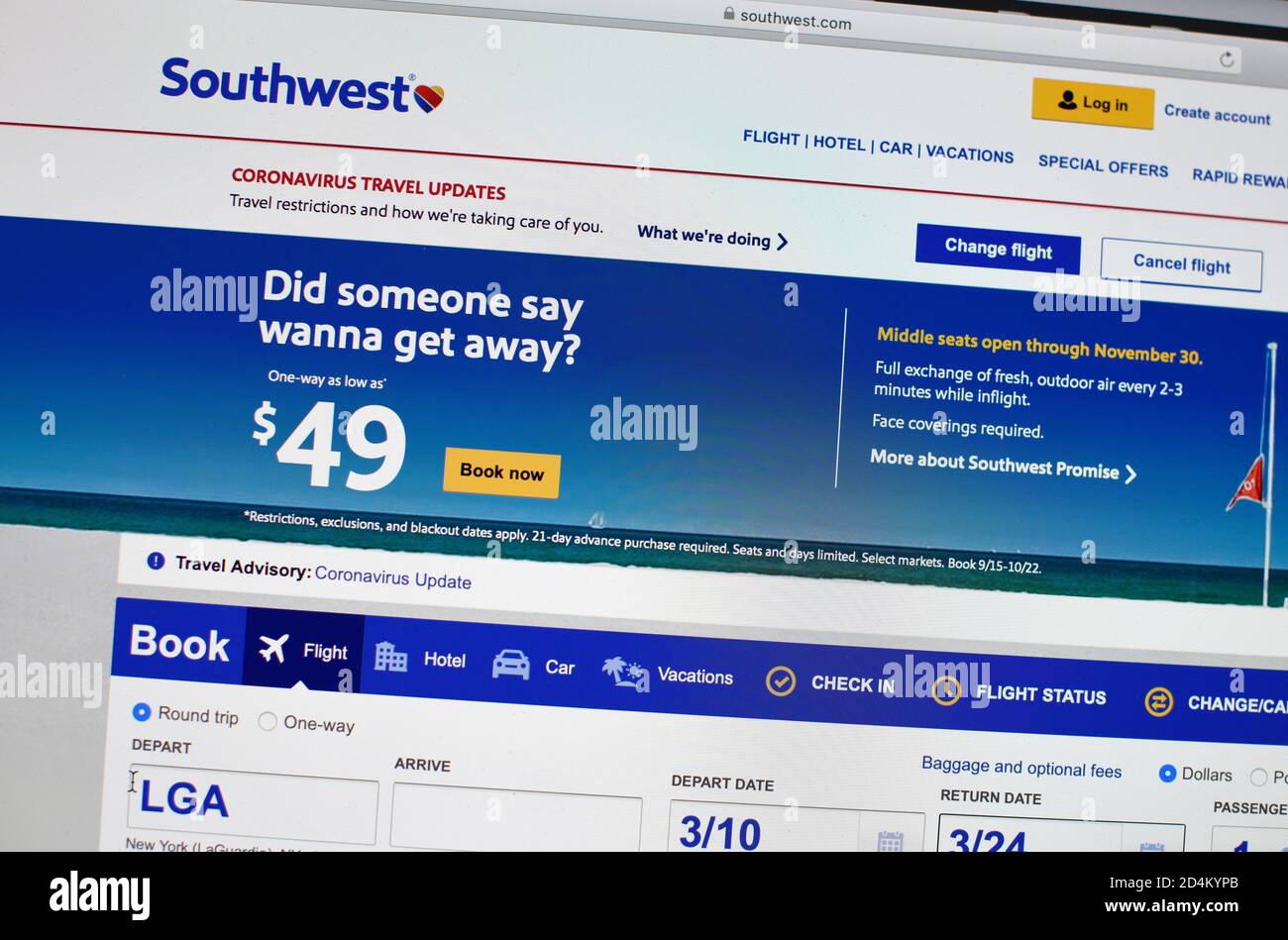 A computer screen shot of the Southwest Airlines online ticket purchasing page. Stock Photo