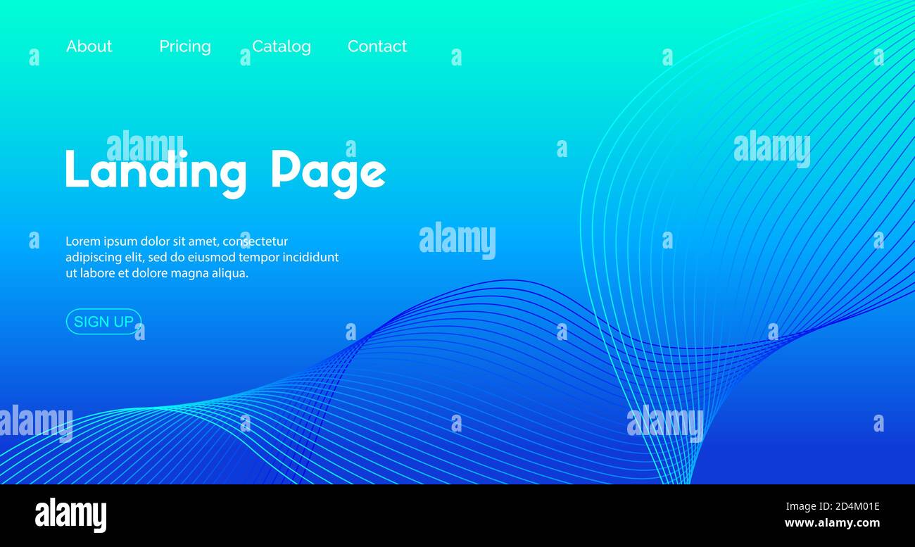 Landing page vector template. Abstract blue gradient background with wavy line for business web site design Stock Vector