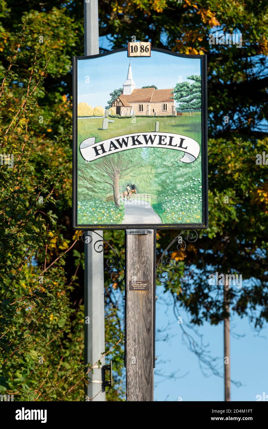 Hawkwell village sign, near Rochford, Southend on Sea, Essex, UK. Civil parish. Rural village mentioned in Domesday Book. Date 1086 on signpost Stock Photo