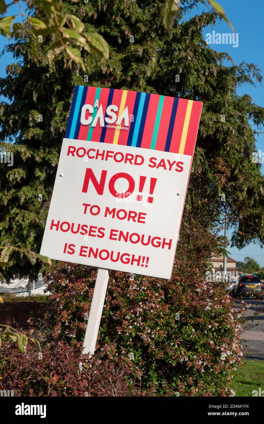 Rochford says no, to more houses. Enough is enough. Housing development protest sign. No more, housing objection for Hawkwell and Rochford area homes Stock Photo