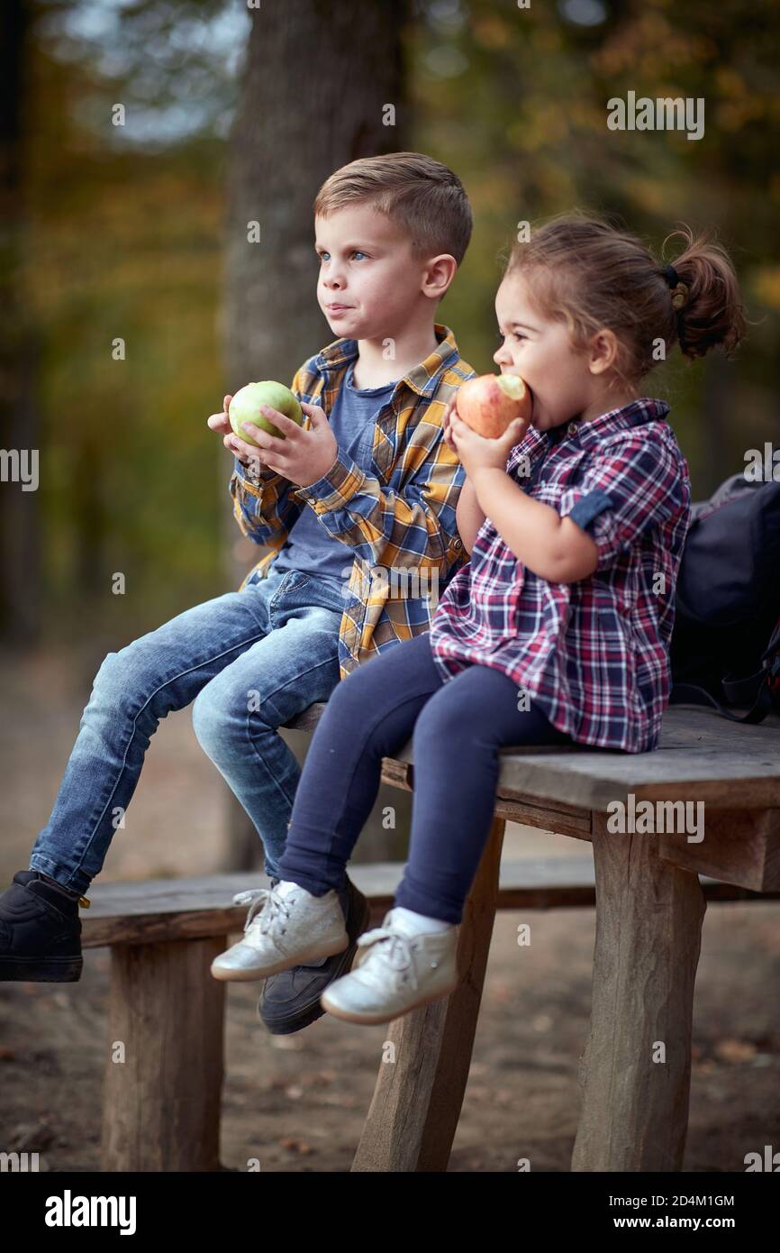 Kids eating apples in the break of hiking on a beautiful autumn day Stock Photo