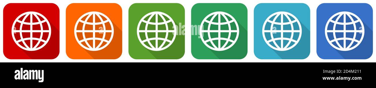 World, globe icon set, flat design vector illustration in 6 colors ...