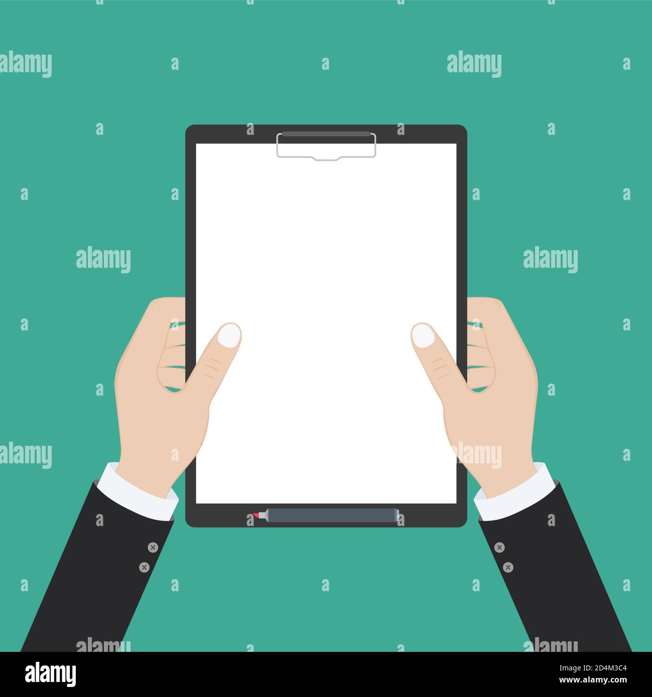 Blank clipboard in hands businessman. Empty space for text. Vector ...