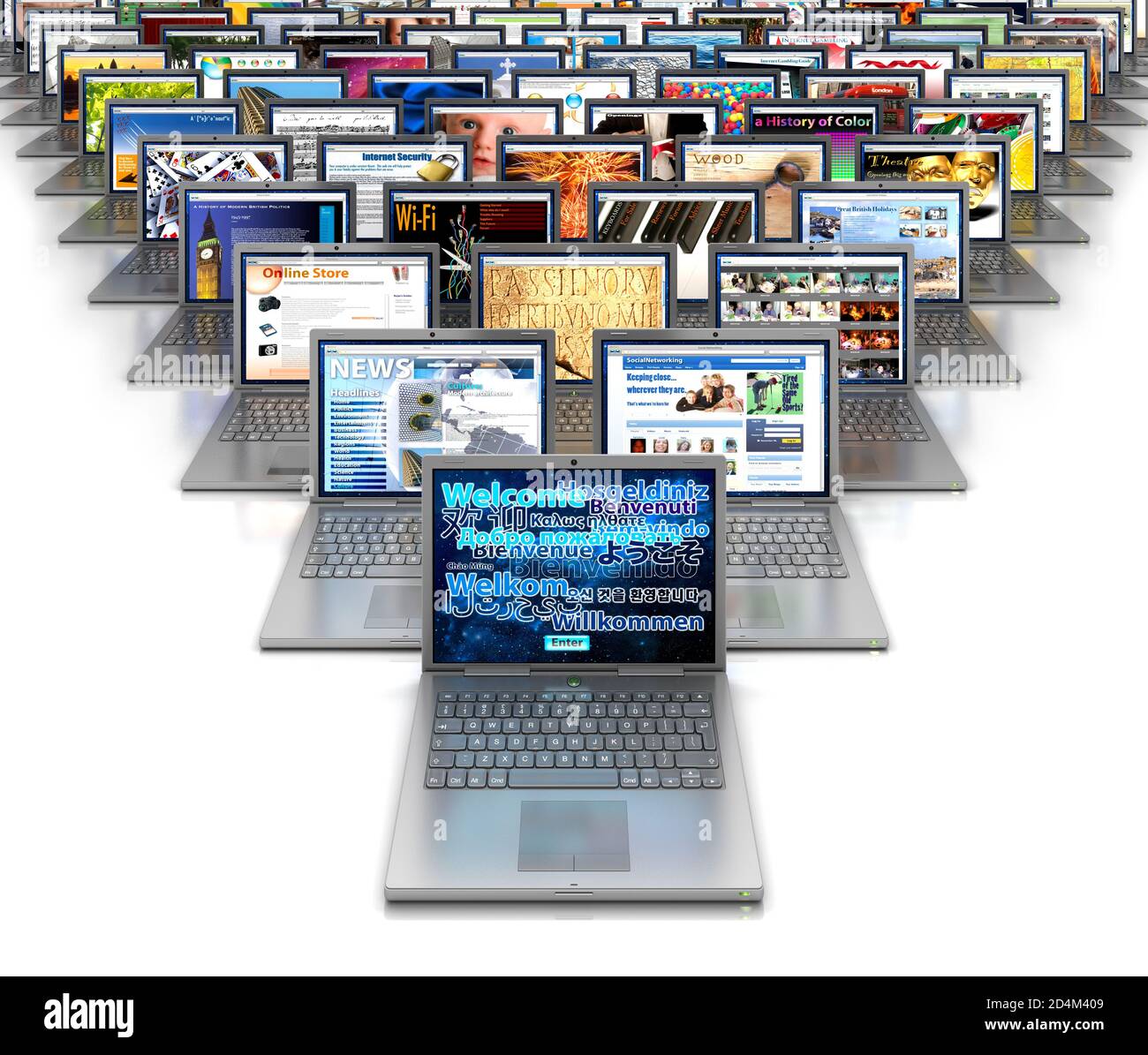 Lap top computer screens, social media, networking, white background, isolated, Laptop, internet, e commerce, e mail, website, interconnected Stock Photo
