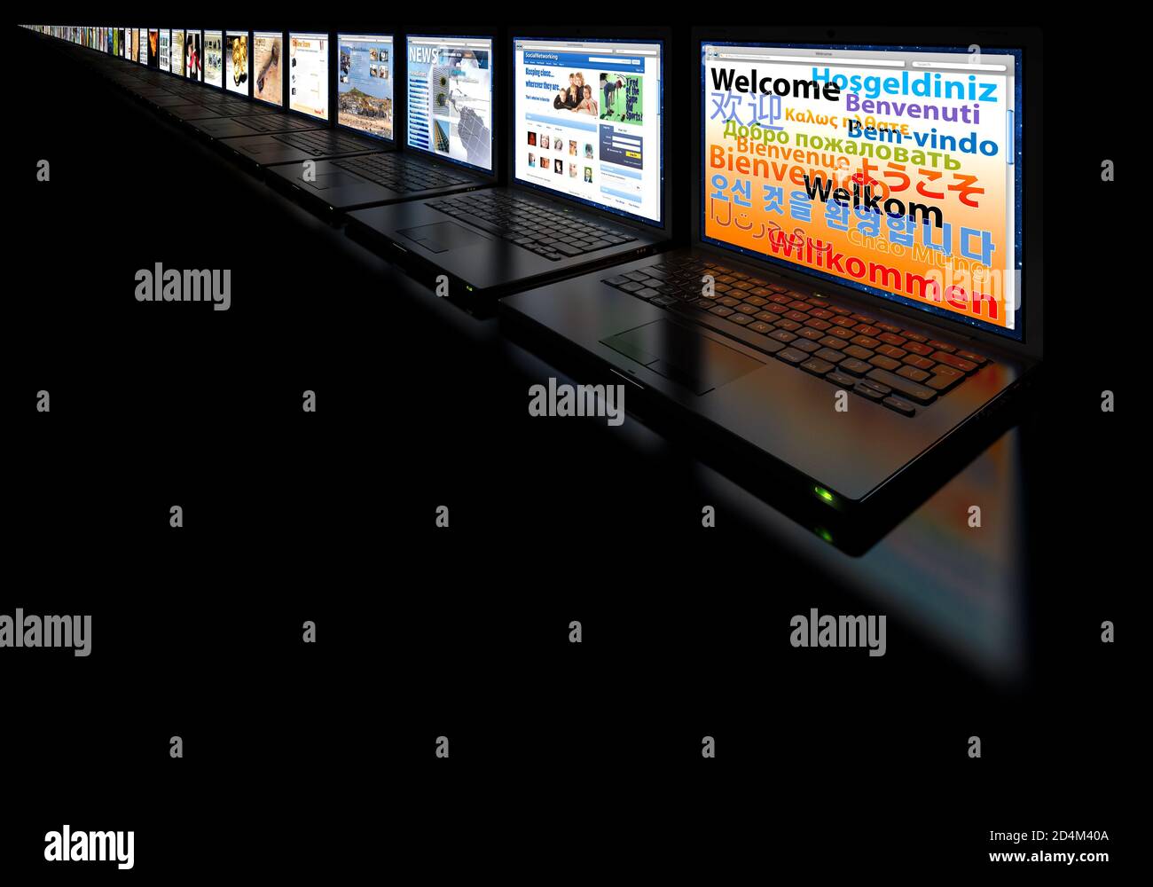 Lap top computer screens, social media, networking, black background, isolated, Laptop, internet, e commerce, e mail, website, interconnected Stock Photo