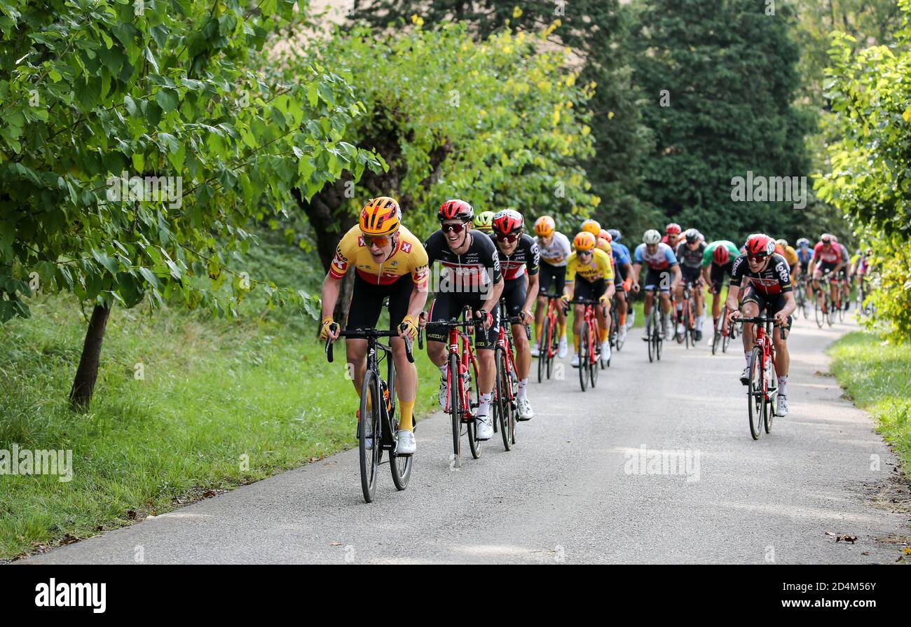 San Marco Di Mereto Di Tomba, Italy. 9th Oct, 2020. san marco di mereto di tomba, Italy, 09 Oct 2020, Group climbing the Arcano's Castle ascent leaded by Uno XPro Cycling Team during Under 23 Elite - in line race Ã¢â‚¬' Road Race Variano Ã¢â‚¬' San Marco di Mereto di Tomba - Street Cycling - Credit: LM/Luca Tedeschi Credit: Luca Tedeschi/LPS/ZUMA Wire/Alamy Live News Stock Photo