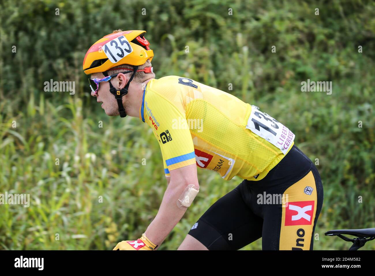 San Marco Di Mereto Di Tomba, Italy. 9th Oct, 2020. san marco di mereto di tomba, Italy, 09 Oct 2020, The leader Niklas Larsen - Uno XPro Cycling Team in yellow jersey during Under 23 Elite - in line race Ã¢â‚¬' Road Race Variano Ã¢â‚¬' San Marco di Mereto di Tomba - Street Cycling - Credit: LM/Luca Tedeschi Credit: Luca Tedeschi/LPS/ZUMA Wire/Alamy Live News Stock Photo