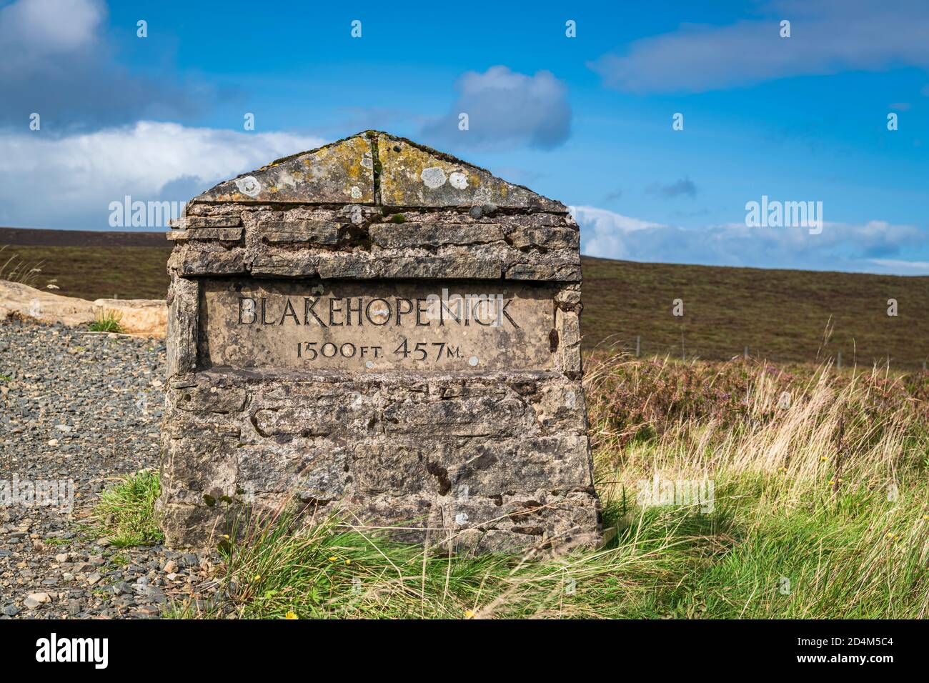 A HDR landscape image of the Blakehope Nick Overlook sign at the highest point on the Kielder forest drive, Northumberland, England. 09 September 2020 Stock Photo