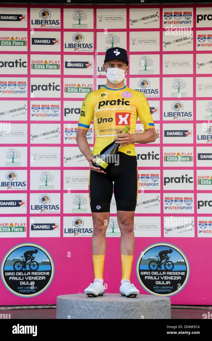 San Marco Di Mereto Di Tomba, Italy. 9th Oct, 2020. san marco di mereto di tomba, Italy, 09 Oct 2020, Race leader Niklas Larsen - Uno XPro Cycling Team yellow jersey during Under 23 Elite - in line race Ã¢â‚¬' Road Race Variano Ã¢â‚¬' San Marco di Mereto di Tomba - Street Cycling - Credit: LM/Luca Tedeschi Credit: Luca Tedeschi/LPS/ZUMA Wire/Alamy Live News Stock Photo