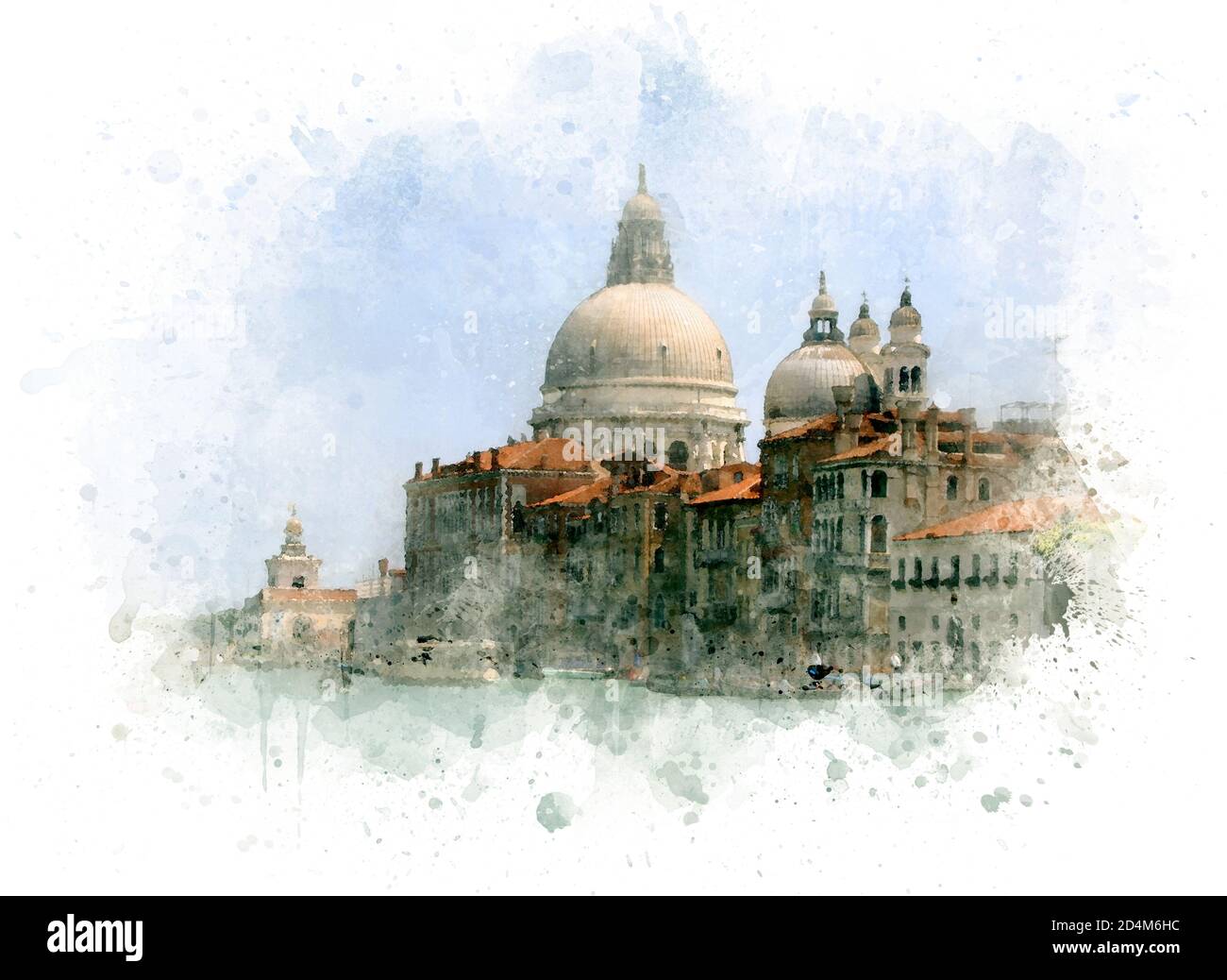 Venice, Santa Maria della Salute church by watercolor tech, illustration Stock Photo