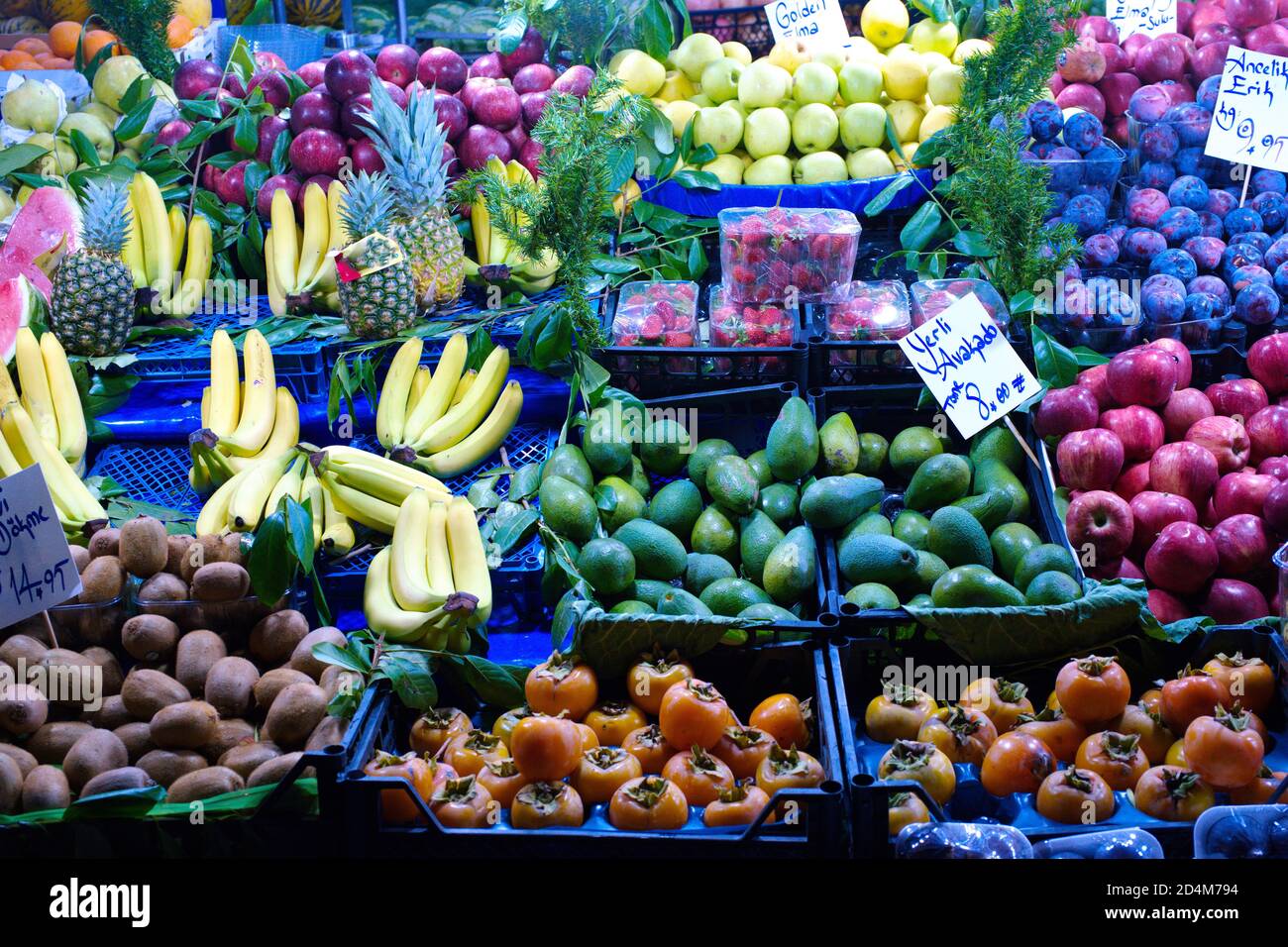 greengrocer in the street at night. Fresh organic vegetables, fruits ...