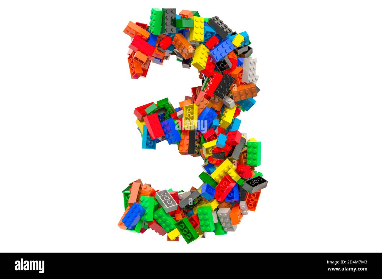 Number 3 from colored plastic building blocks, 3D rendering isolated on ...