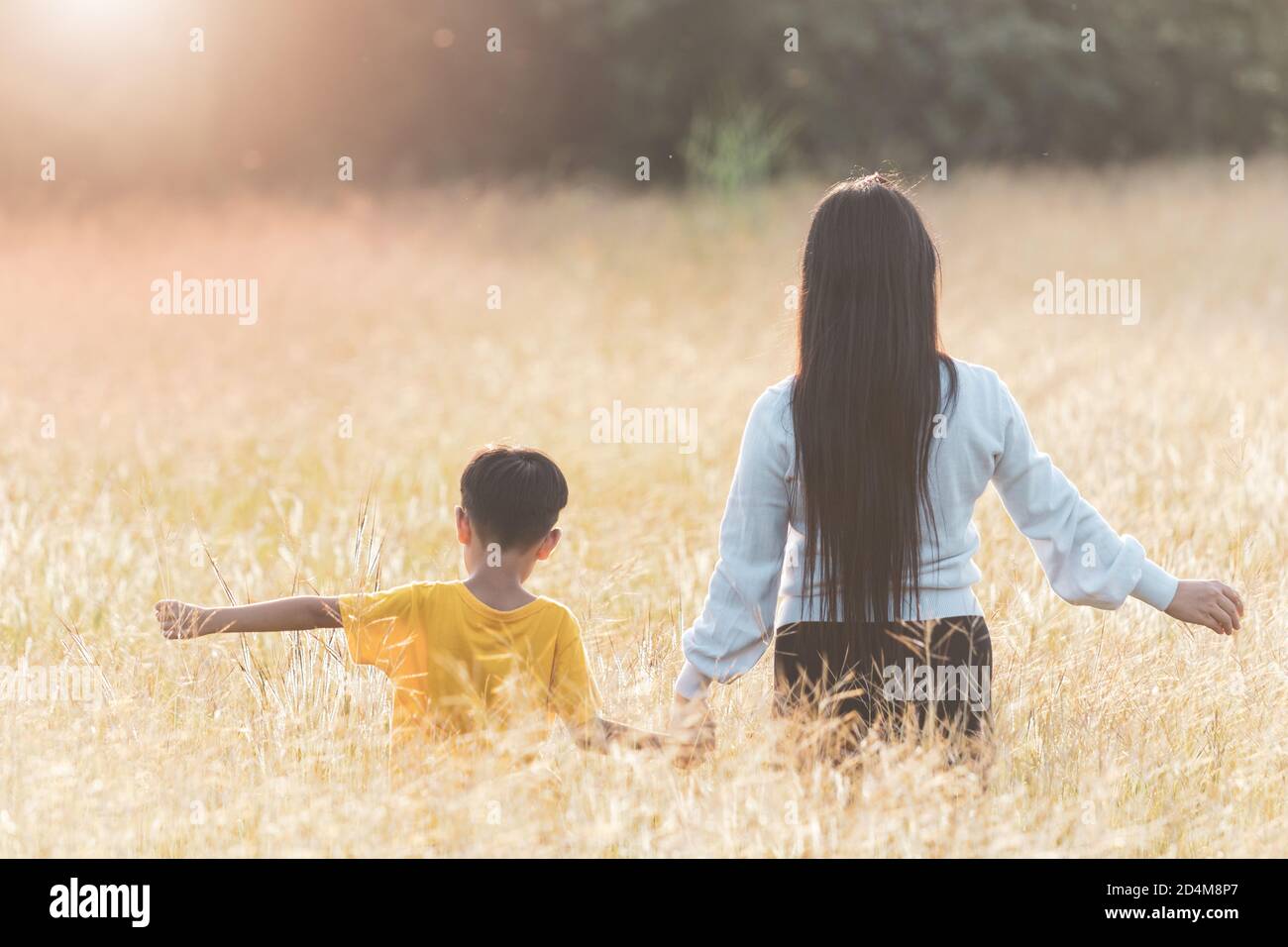 Happy family mom holding hand her son in the meadow. Asian young mother and her little child walking at sunset. Soft focus family concept. Stock Photo