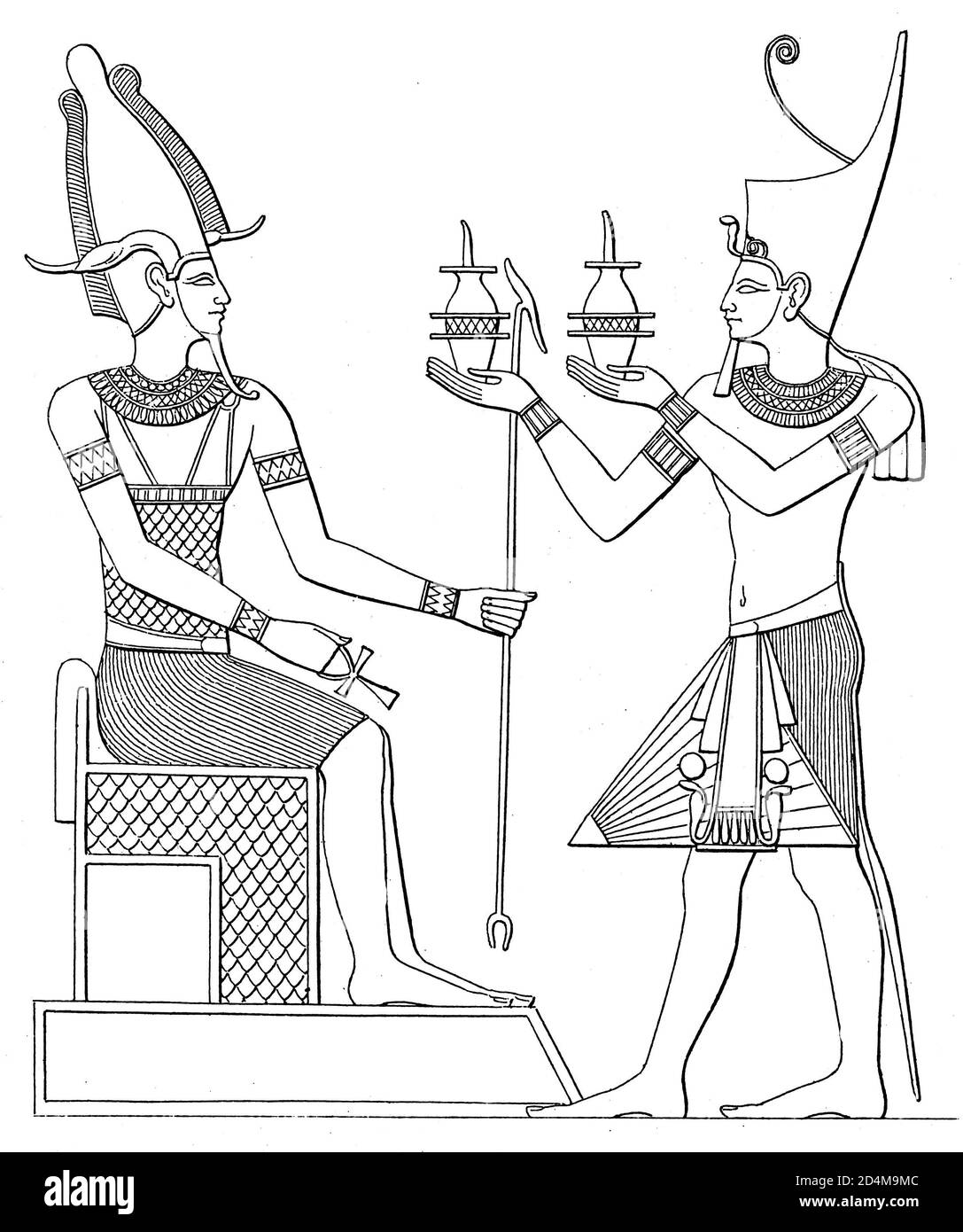 19th-century illustration of Egyptian king offering sacrifice to Osiris. Published in Systematischer Bilder-Atlas zum Conversations-Lexikon, Ikonograp Stock Photo
