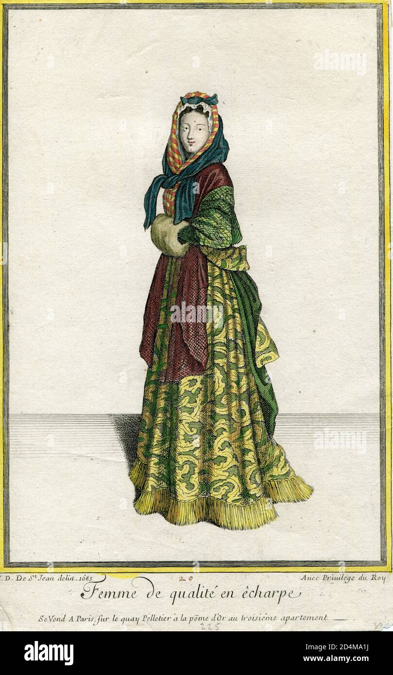17th century hand coloured fashion plate noble lady with scarf Stock Photo
