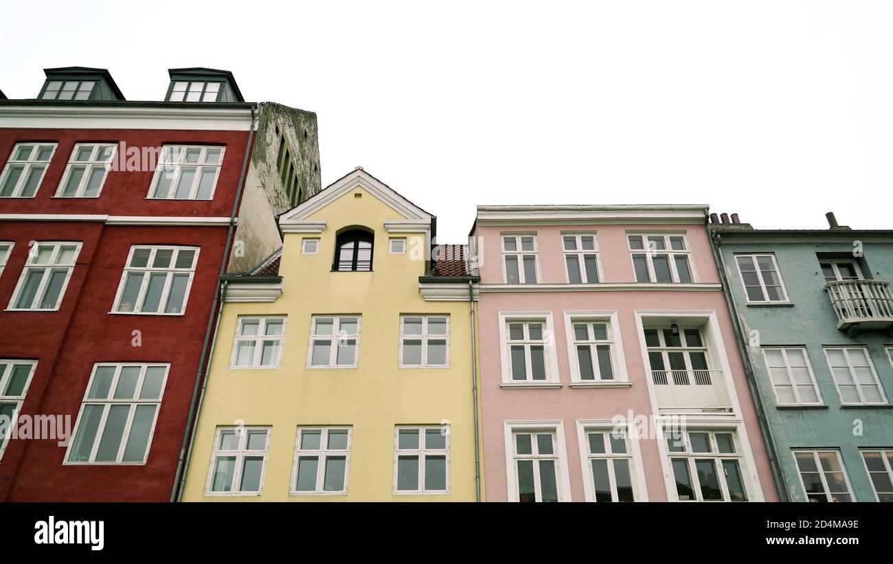 Colourful facade of the old houses, Nyhavn, Copenhagen, Denmark. Canal