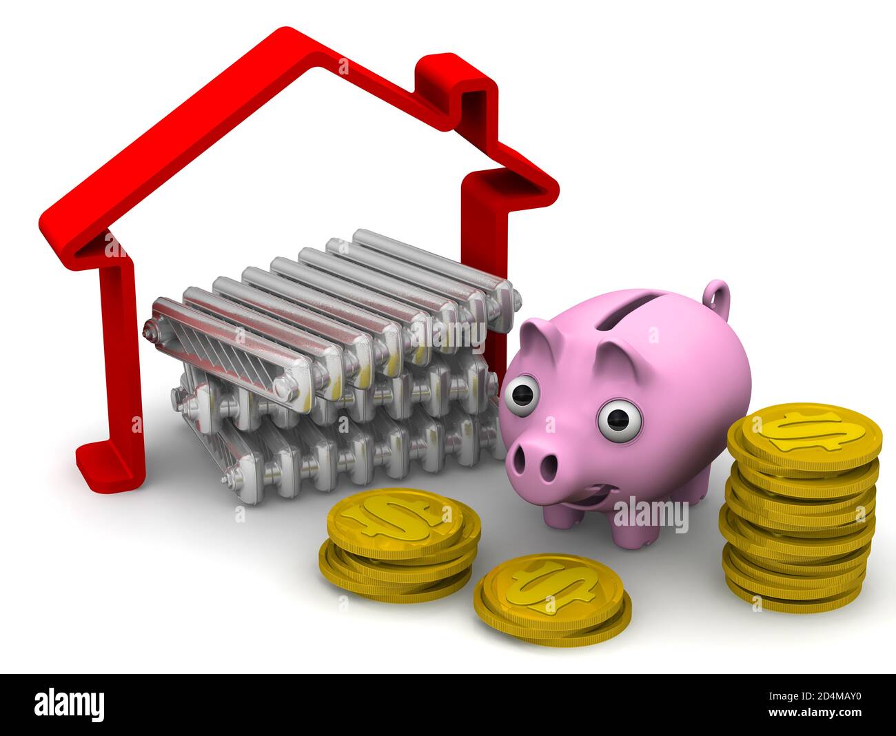 House heating savings. Stacked sections of cast iron heating radiators, one happy piggy bank and a lot of golden coins lie on white surface Stock Photo