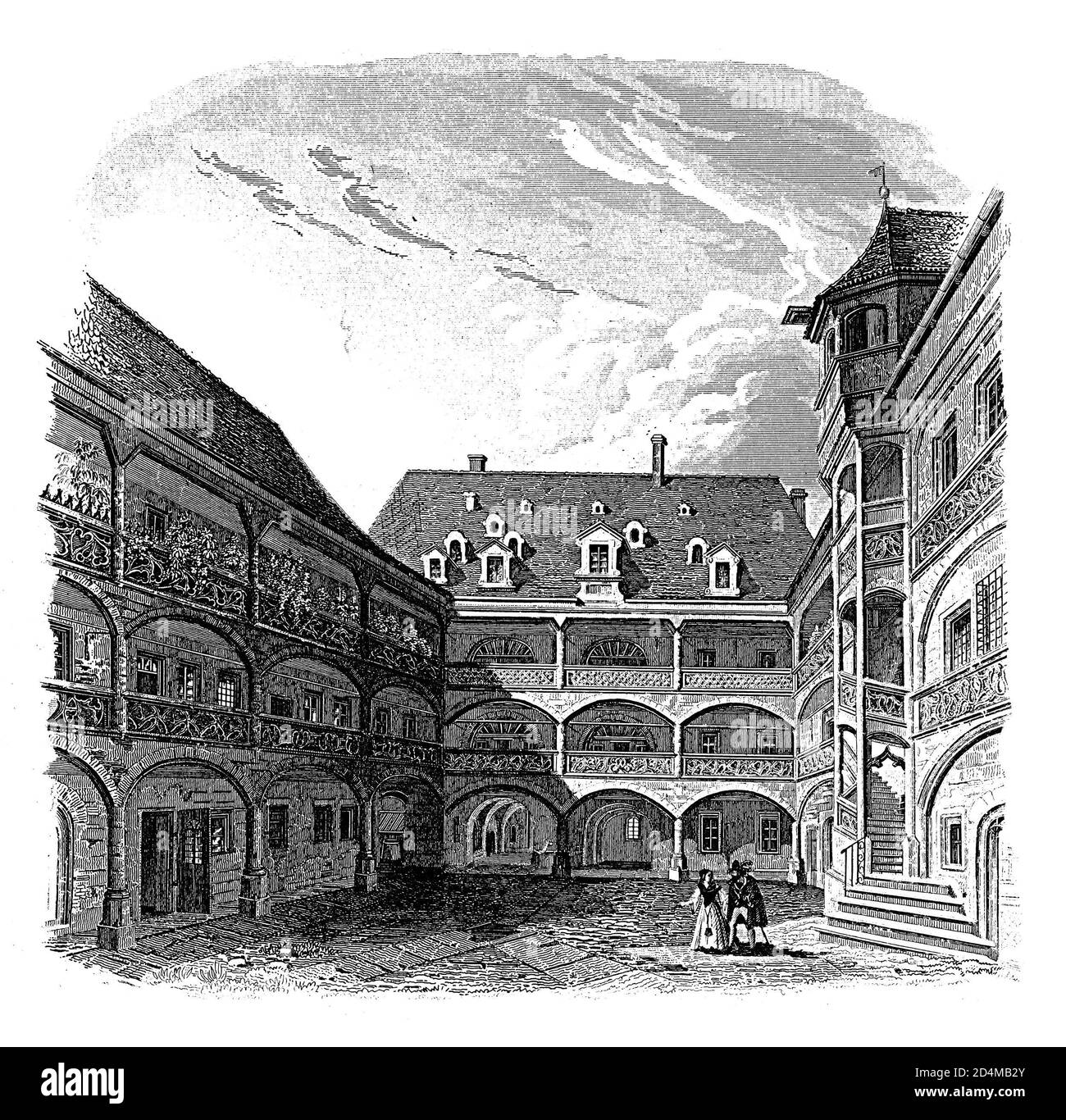 19th-century engraving of a courtyard of patrician house in Nuremberg. Published in Systematischer Bilder-Atlas zum Conversations-Lexikon, Ikonographi Stock Photo