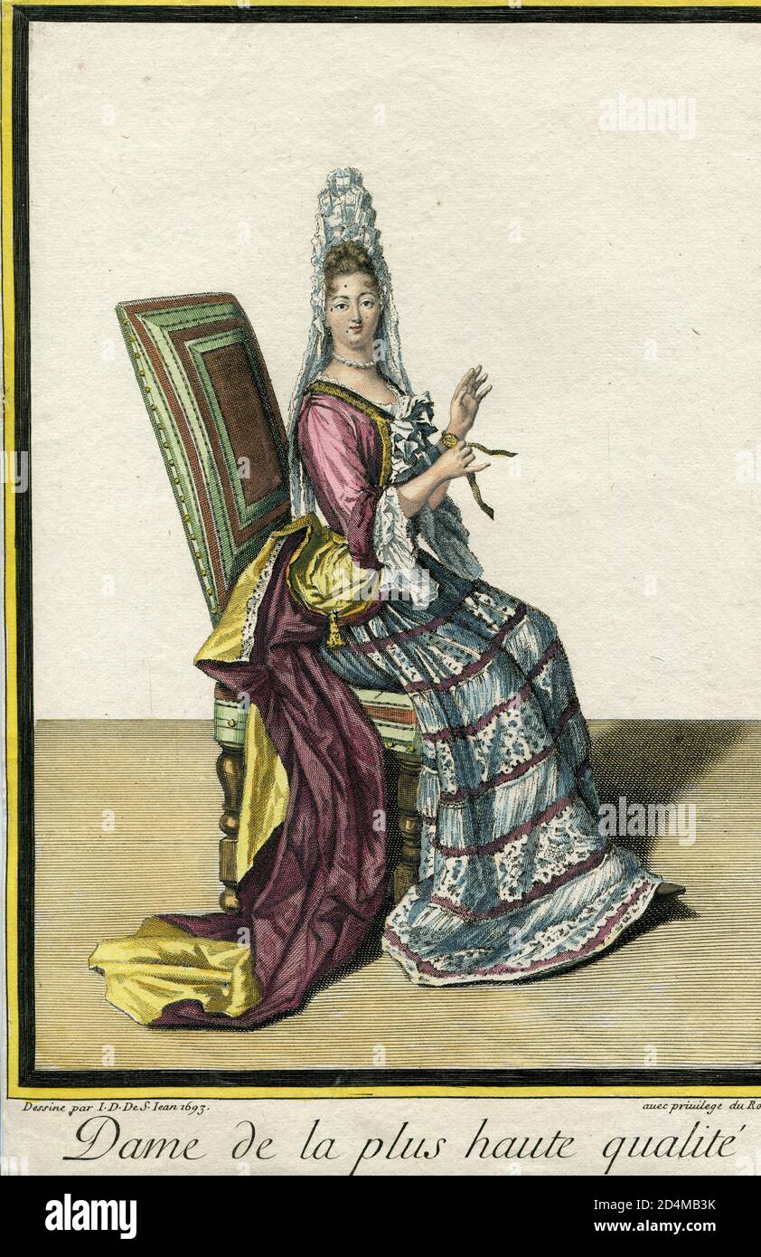 Hand coloured French fashion engraving of 17 centuryJ. D. De Saint Jean Stock Photo