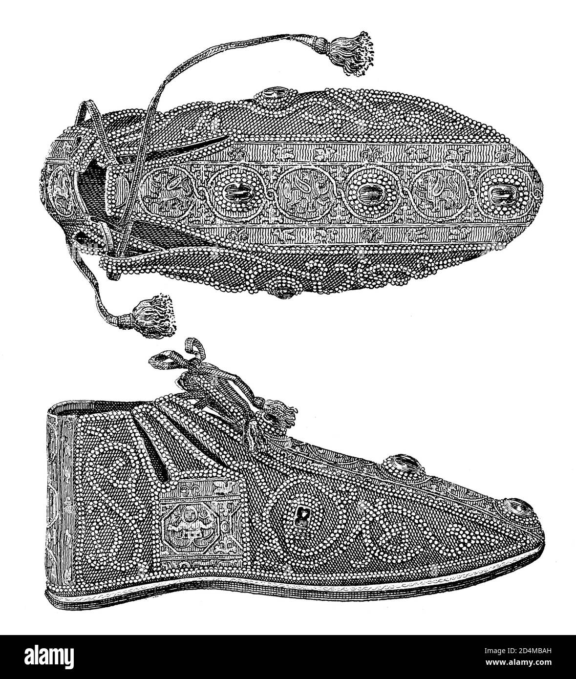 19th-century engraving of imperial shoes. Published in Systematischer Bilder-Atlas zum Conversations-Lexikon, Ikonographische Encyklopaedie der Wissen Stock Photo