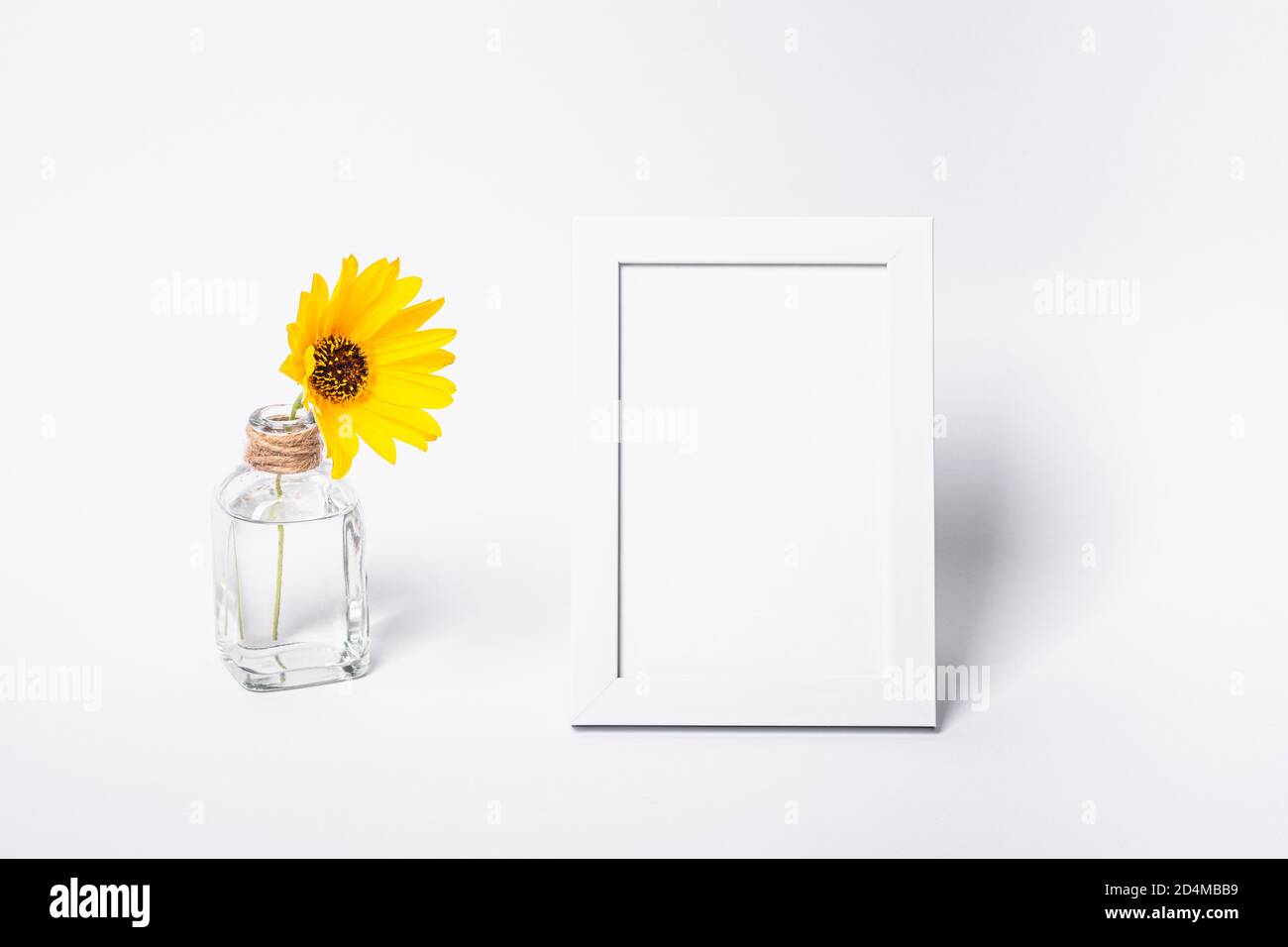 White empty picture frame mock up with yellow flower in glass jar Stock Photo