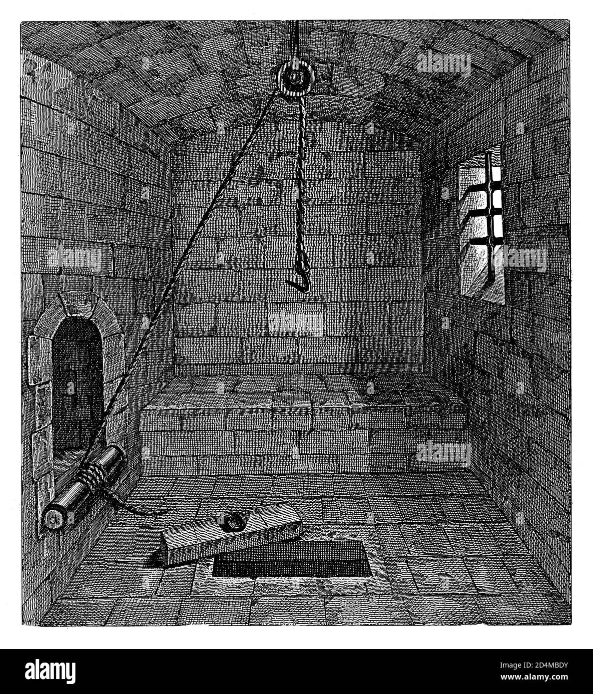 Antique illustration of torture chamber from XIV century. Published in Systematischer Bilder-Atlas zum Conversations-Lexikon, Ikonographische Encyklop Stock Photo