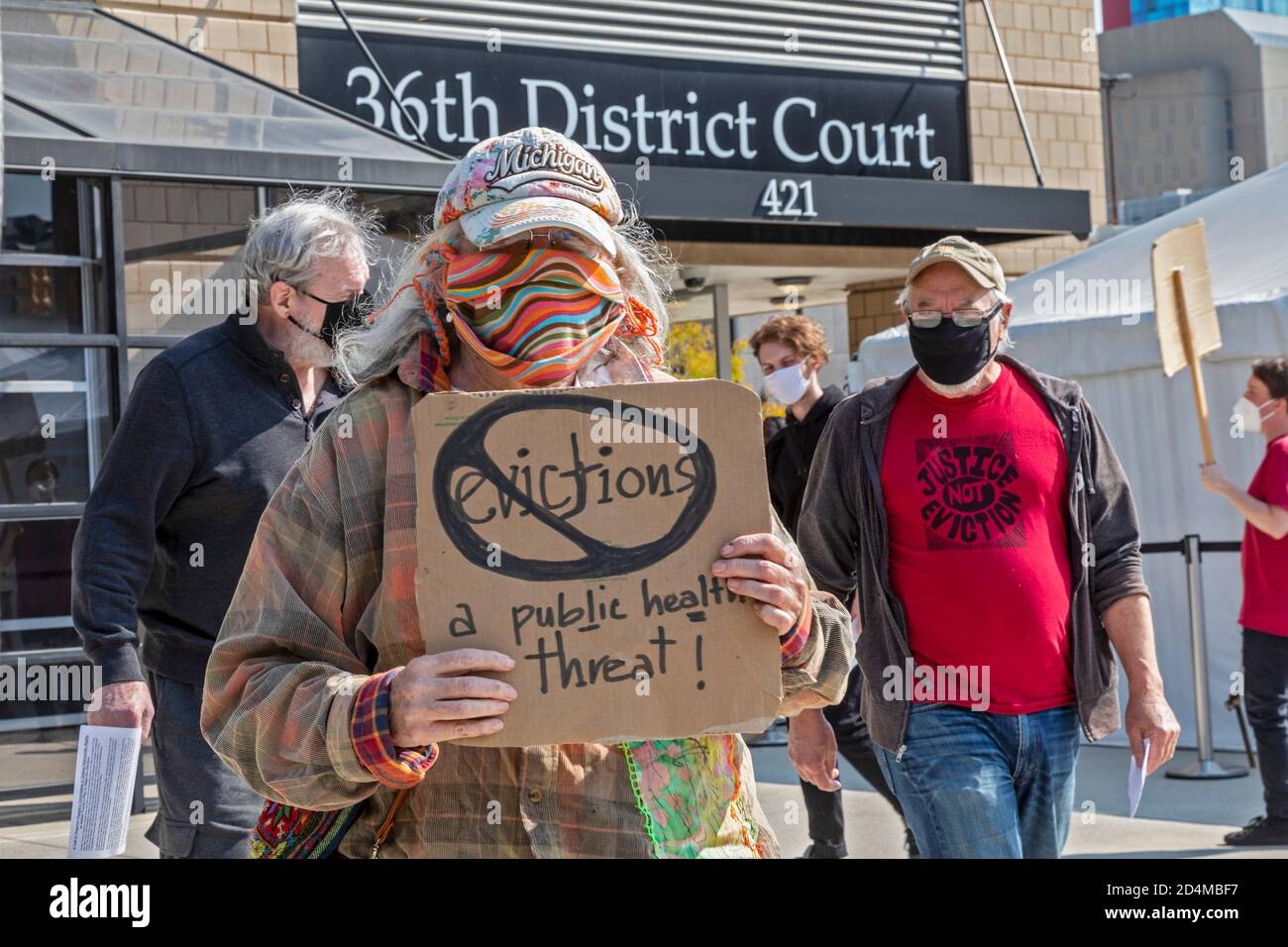 Detroit, Michigan, USA. 9th Oct, 2020. Protesters ask the chief judge of 36th District Court to halt evictions proceedings. They said that no one should be turned out of their home during the coronavirus public health crisis. Credit: Jim West/Alamy Live News Stock Photo