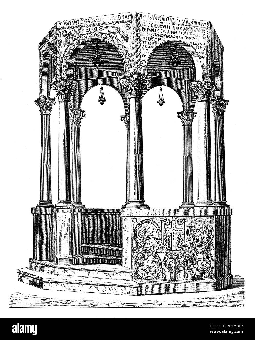 Antique 19th-century engraving of baptistery in Cividale del Friuli. Published in Systematischer Bilder-Atlas zum Conversations-Lexikon, Ikonographisc Stock Photo