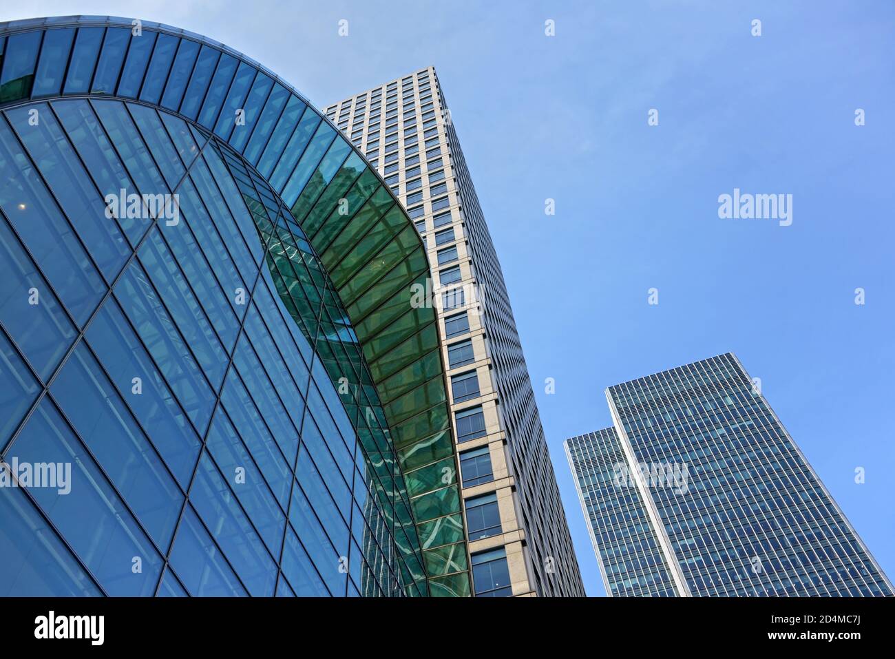 London, United Kingdom - February 03, 2019: Looking up Canada Water tube station entrance and 40 and 25 Bank Street buildings designed by Cesar Pelli Stock Photo