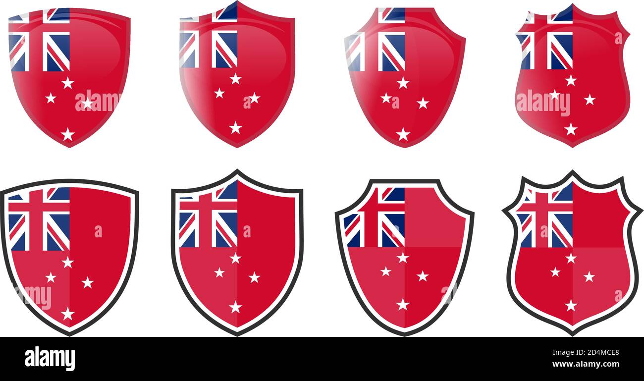 Vertical New Zealand red duster flag (civil ensign) in shield shape, four 3d and simple icons versions. Stock Vector