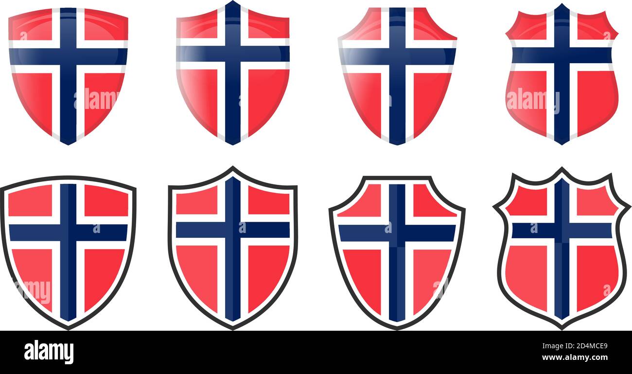 Vertical Norway flag in shield shape, four 3d and simple versions. Norwegian icon / sign Stock Vector