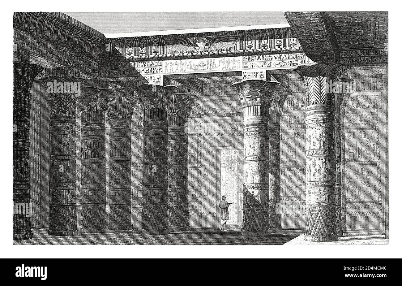 Antique 19th-century engraving of courtyard in a temple at Philae. Published in Systematischer Bilder-Atlas zum Conversations-Lexikon, Ikonographische Stock Photo