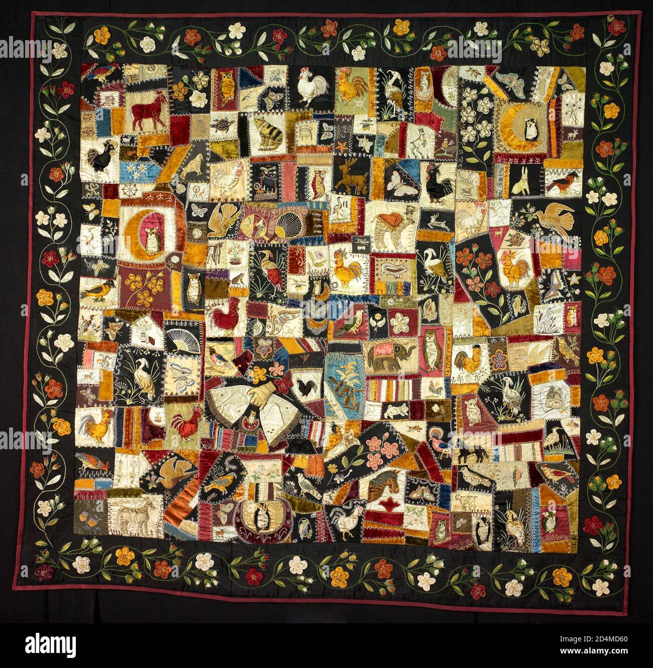 Pieced and embroidered â€œcrazyâ€ quilt; dyed and printed silk; cotton; wool and metallic plain; twill; satin; velvet and patterned weave fabrics and ribbons; silk; cotton and metallic embroidery threads; raised work embroidered appliques; glass beads; metal spangles Stock Photo