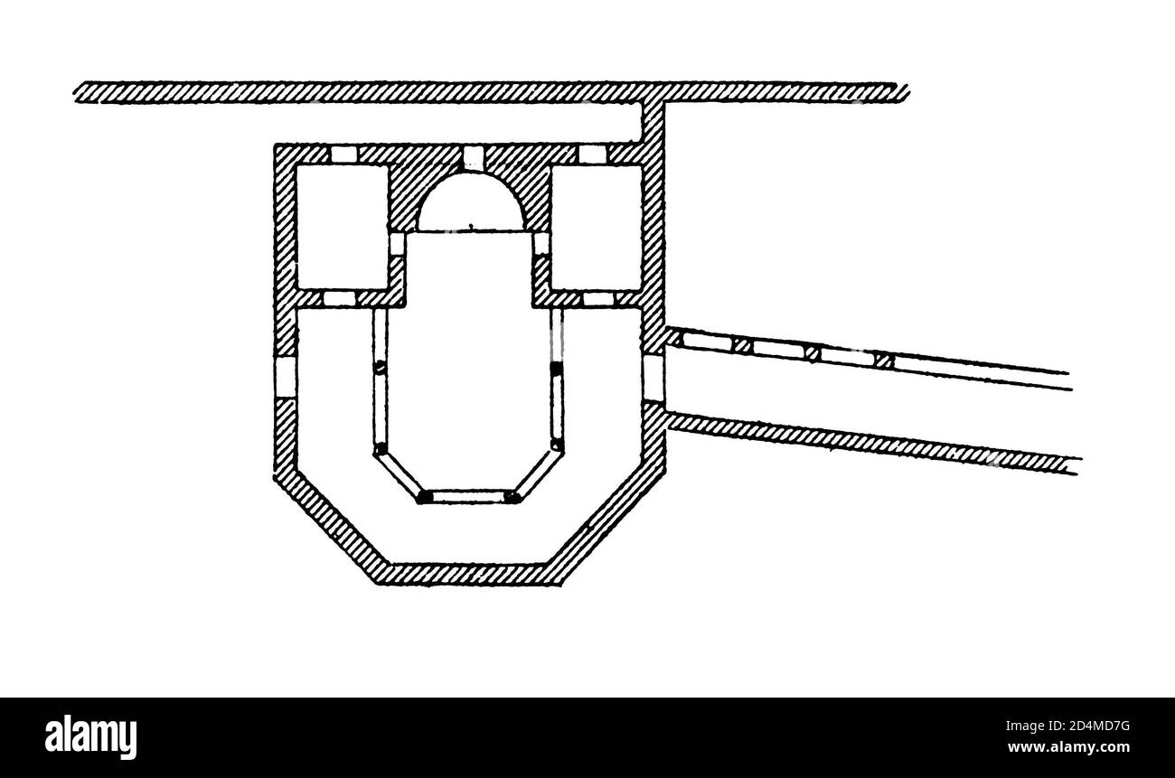 Antique engraving of a plan of church in Moudjeria, Mauritania. Published in Systematischer Bilder-Atlas zum Conversations-Lexikon, Ikonographische En Stock Photo