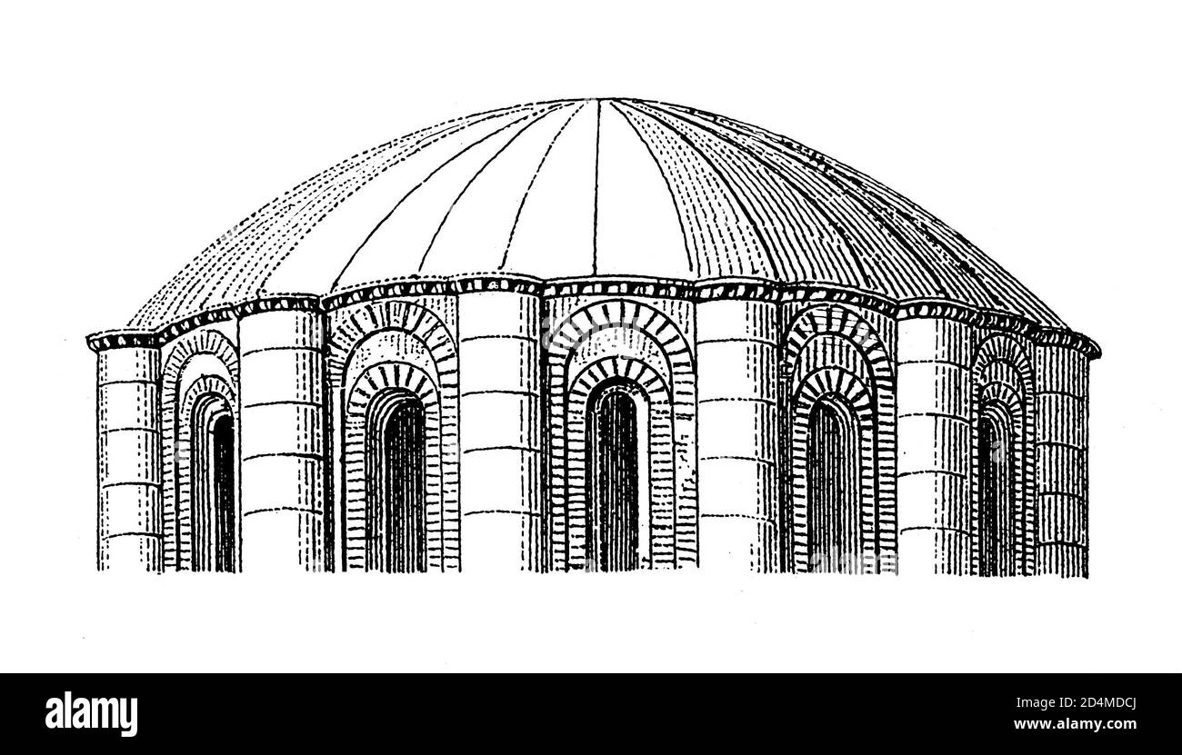 Antique engraving of a dome of Daphni monastery in Greece. Published in Systematischer Bilder-Atlas zum Conversations-Lexikon, Ikonographische Encyklo Stock Photo